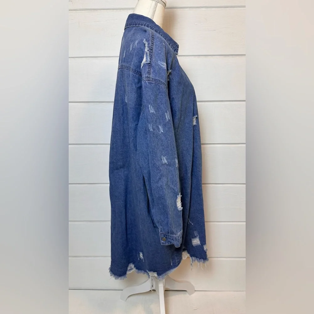 Missguided Plus Super Distressed Hem Denim Shirt Jacket Dress Blue Sz Large ASOS - Picture 10 of 13